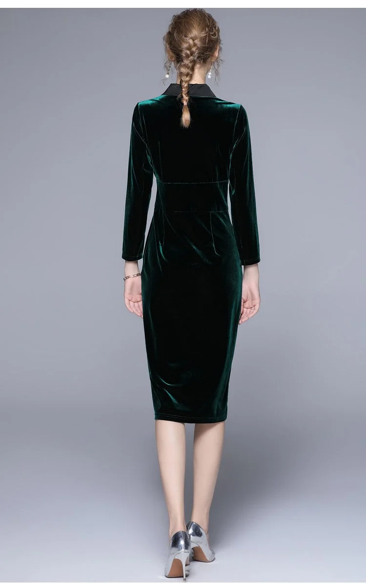 Velvet Green Slim Fit Midi Pencil Dress