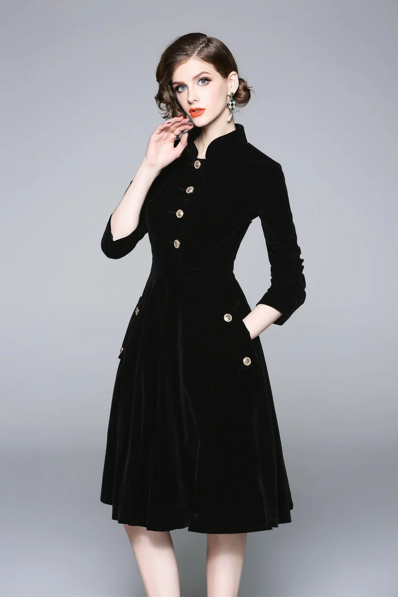 Black Velvet Vintage Stand Collar Fit and Flare Dress