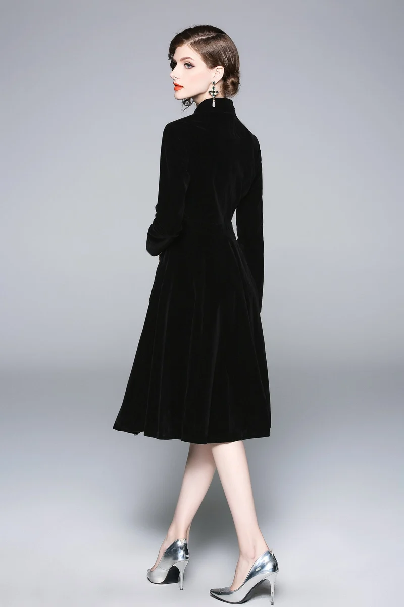 Black Velvet Vintage Stand Collar Fit and Flare Dress