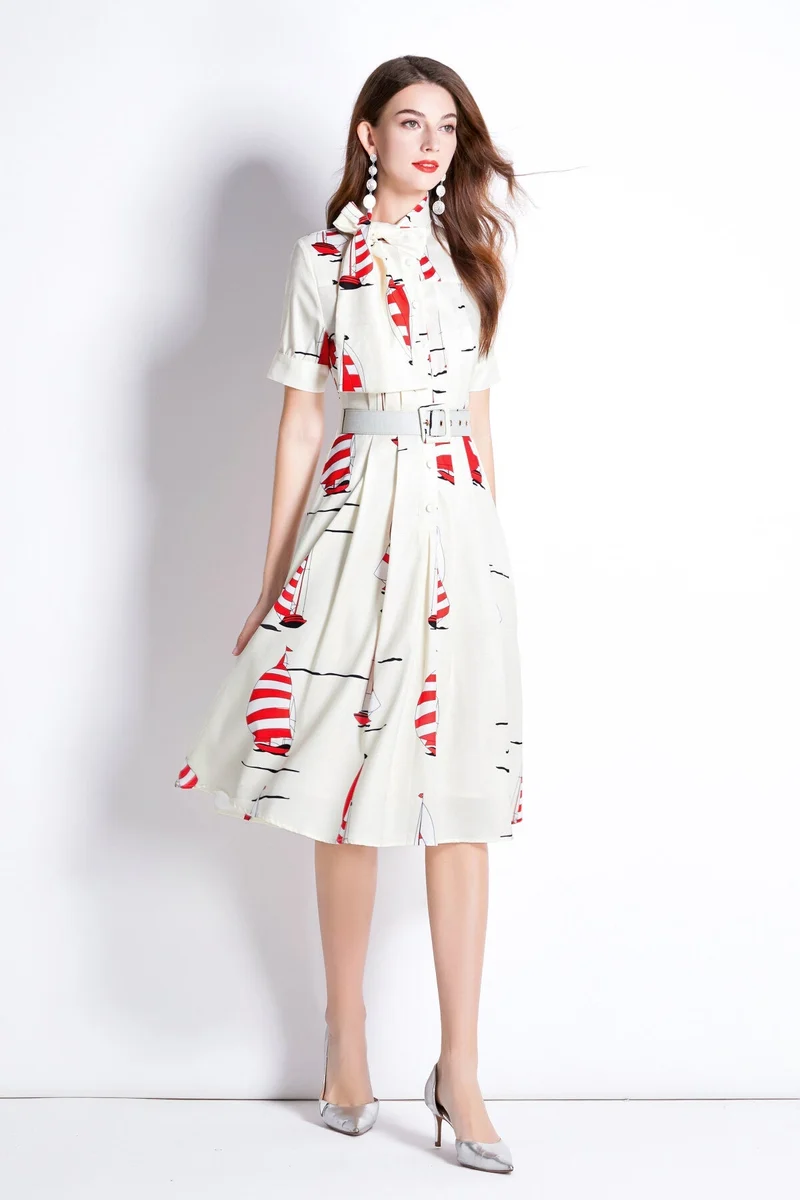 Slim Fit Flattering Sailing French White Flared Dress