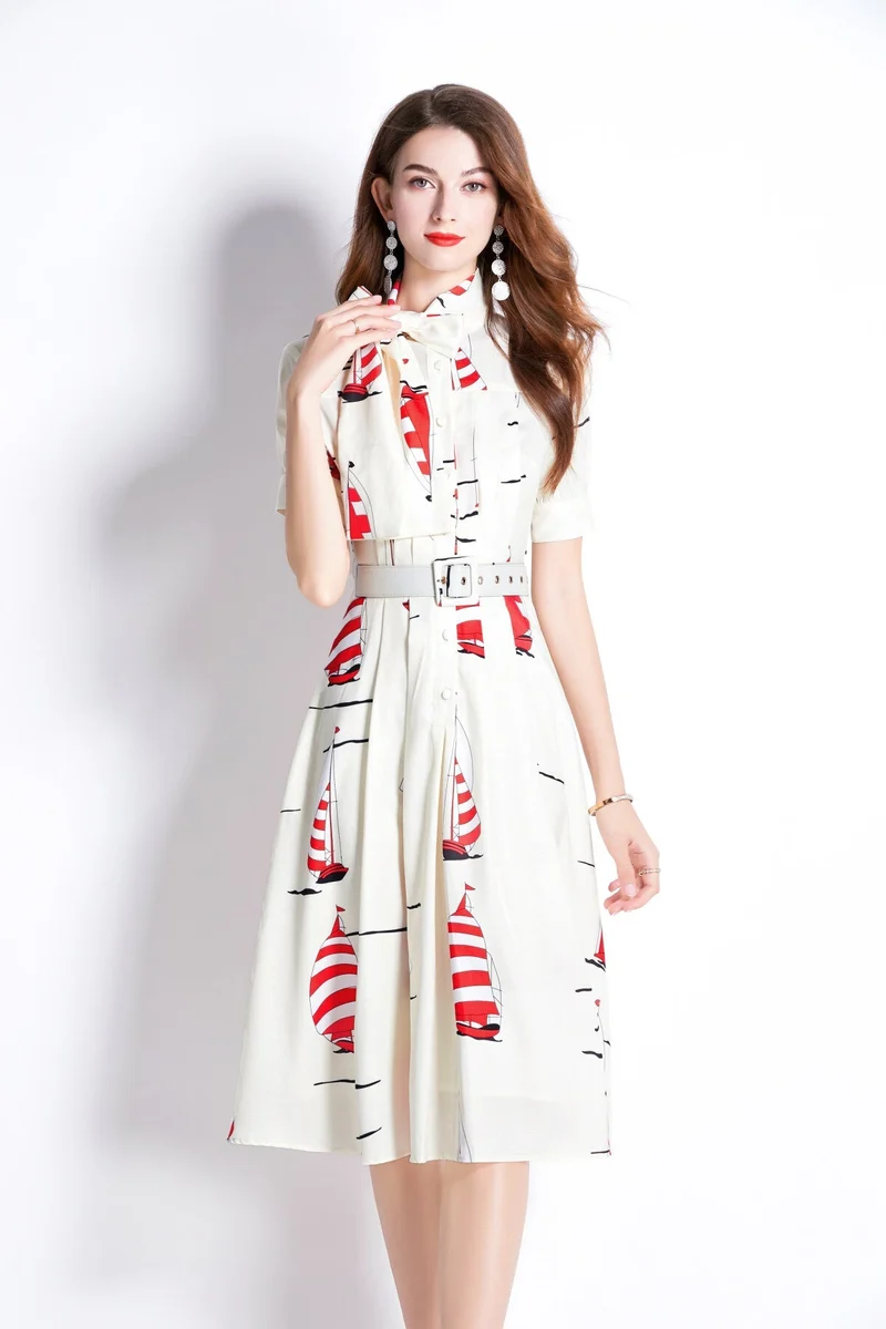 Slim Fit Flattering Sailing French White Flared Dress