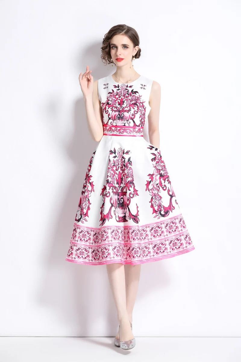 Oriental Printed Slim Fit Midi Dress
