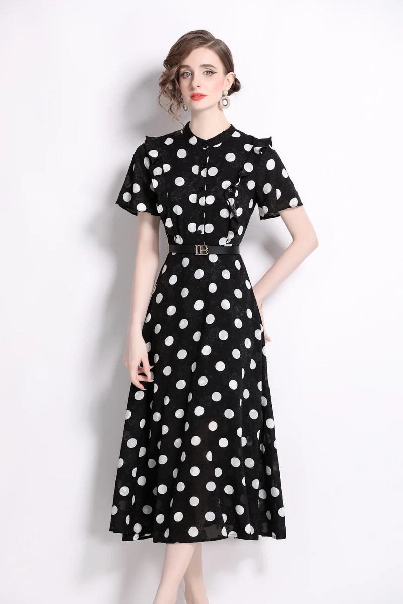 French Polka Dot Print Stand Collar Midi A Line Dress
