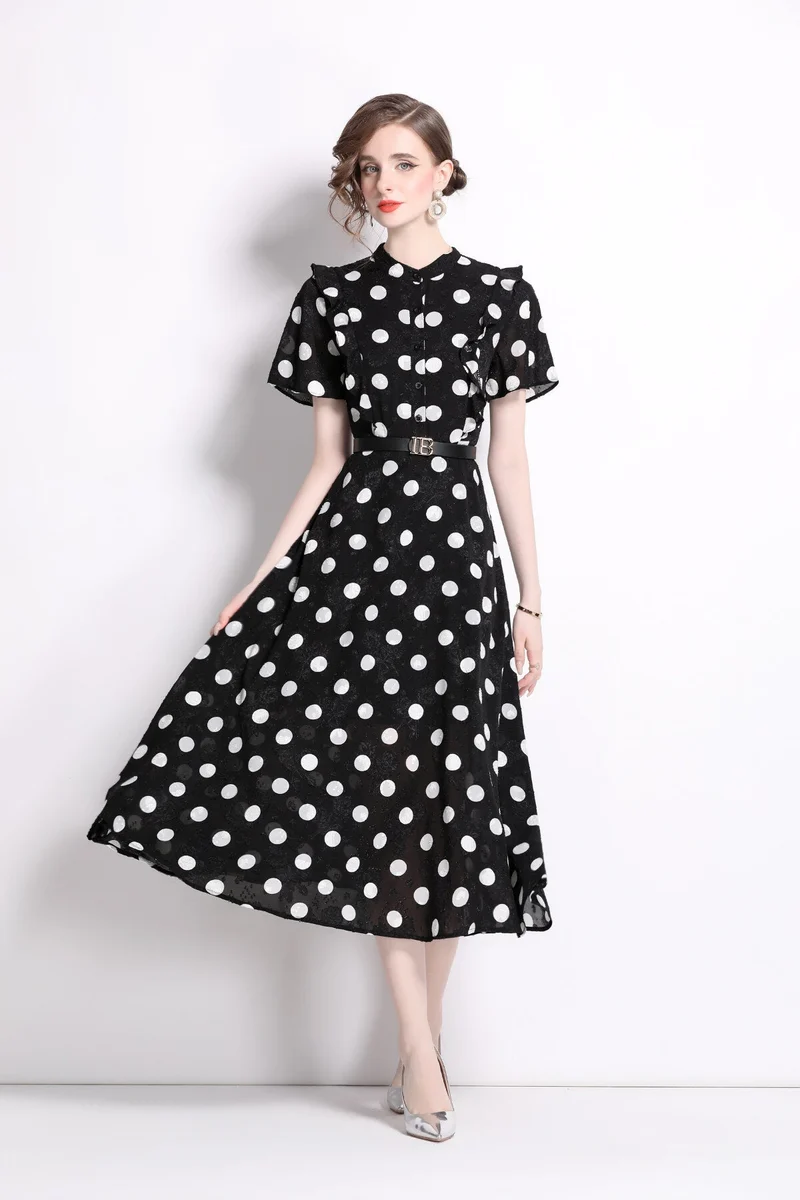 French Polka Dot Print Stand Collar Midi A Line Dress