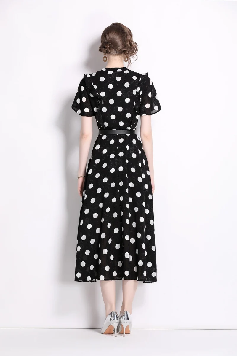 French Polka Dot Print Stand Collar Midi A Line Dress