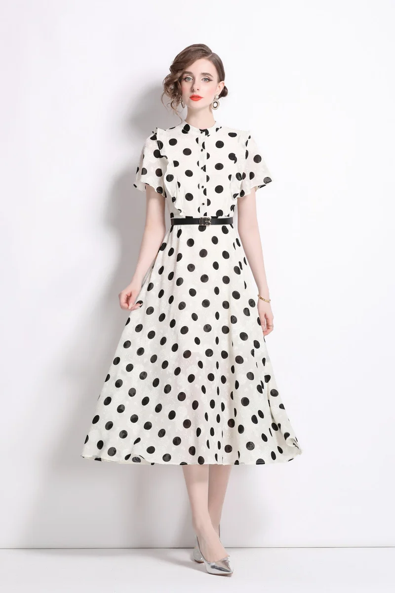 French Polka Dot Print Stand Collar Midi A Line Dress