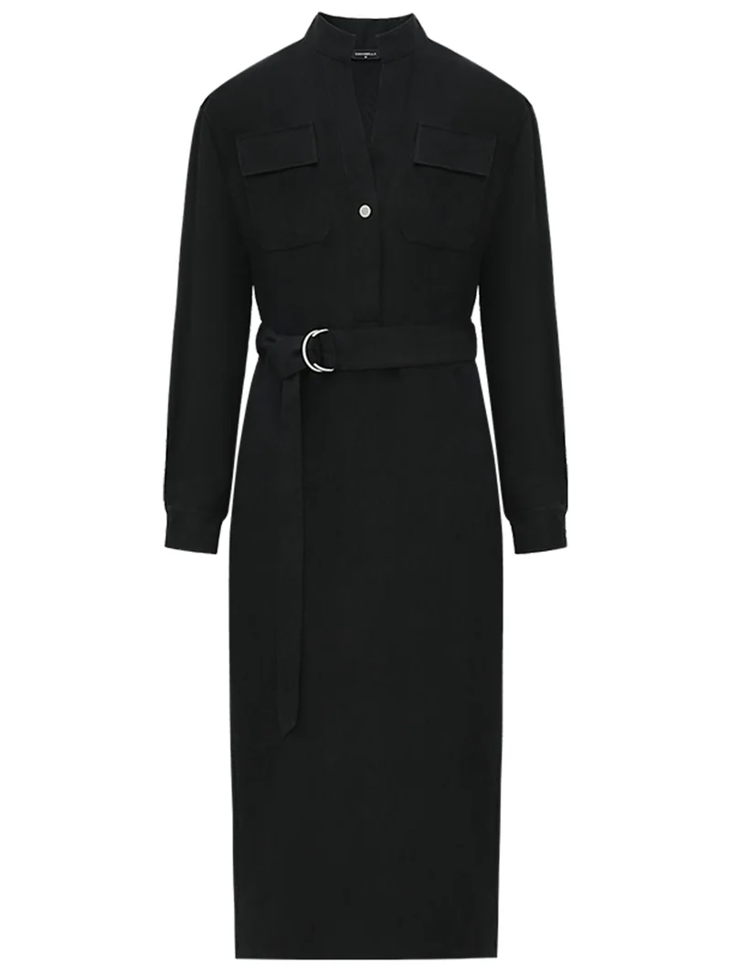 Structured Belted Black Shirt Dress