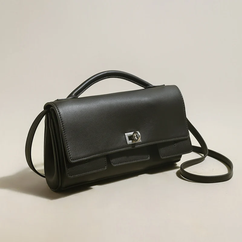 Structured Black Rectangular Satchel Clutch Bag