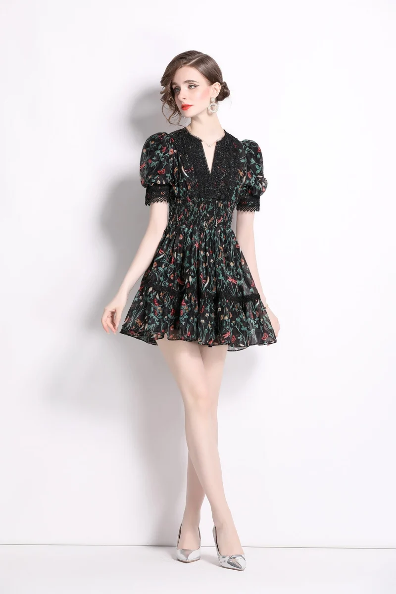 Vintage Floral V Neck Puff Sleeve Tea Dress