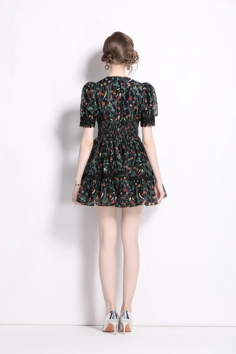Vintage Floral V Neck Puff Sleeve Tea Dress