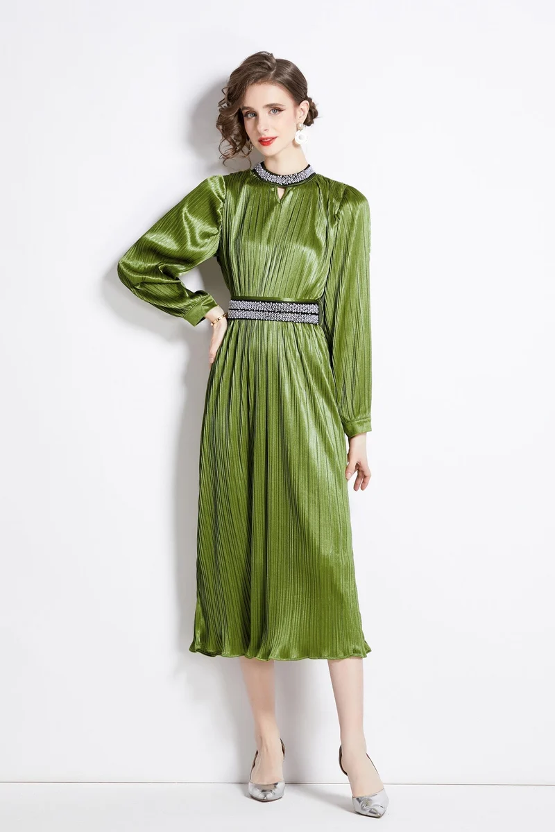 Lantern Sleeve Waist Tie Heavily Beaded Pleated Dress