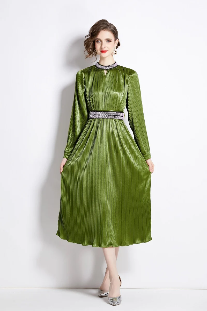 Lantern Sleeve Waist Tie Heavily Beaded Pleated Dress