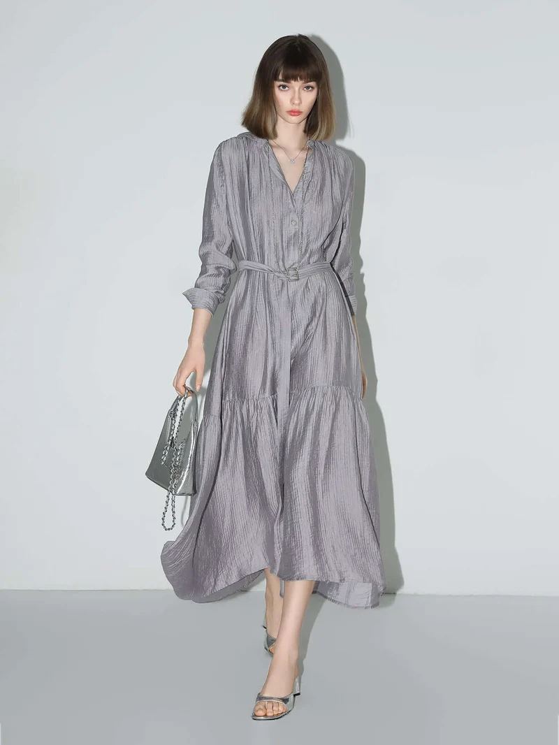 Glam Purple Pleated Long-Sleeve Shirt Dress