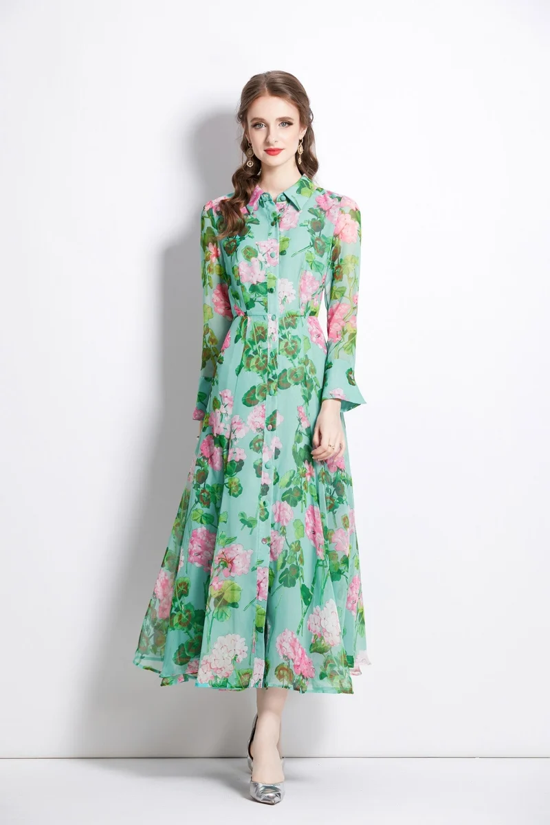 Floral Green Flared Waist Cinching LongSleeve Shirt Dress