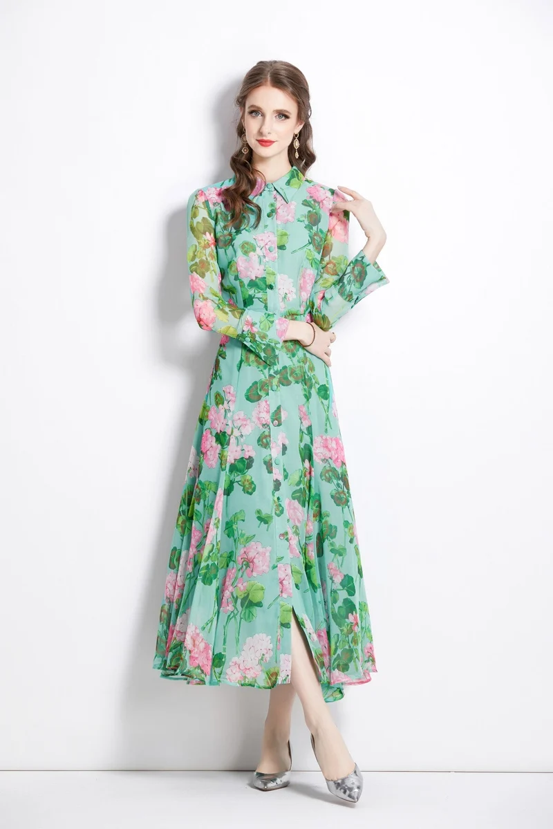 Floral Green Flared Waist Cinching LongSleeve Shirt Dress