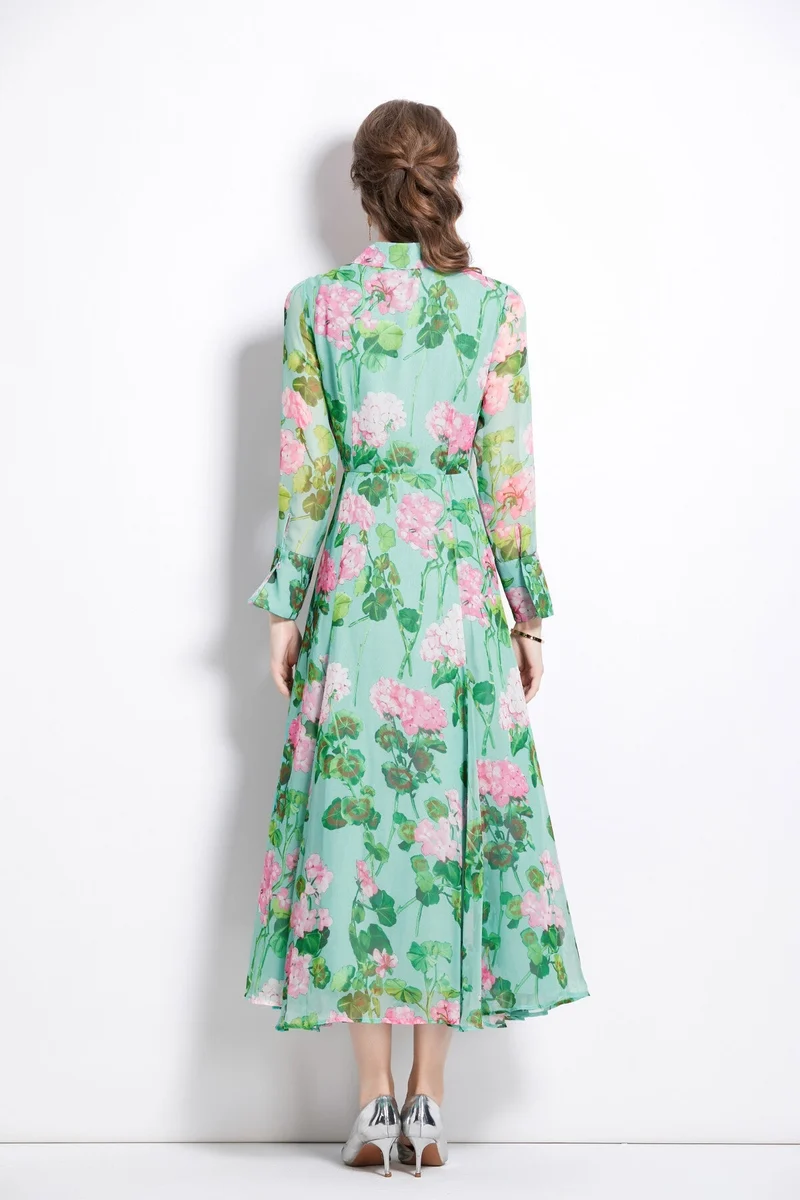 Floral Green Flared Waist Cinching LongSleeve Shirt Dress