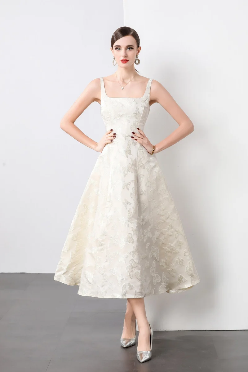 White Jacquard Square Neck Balletcore Wedding Dress