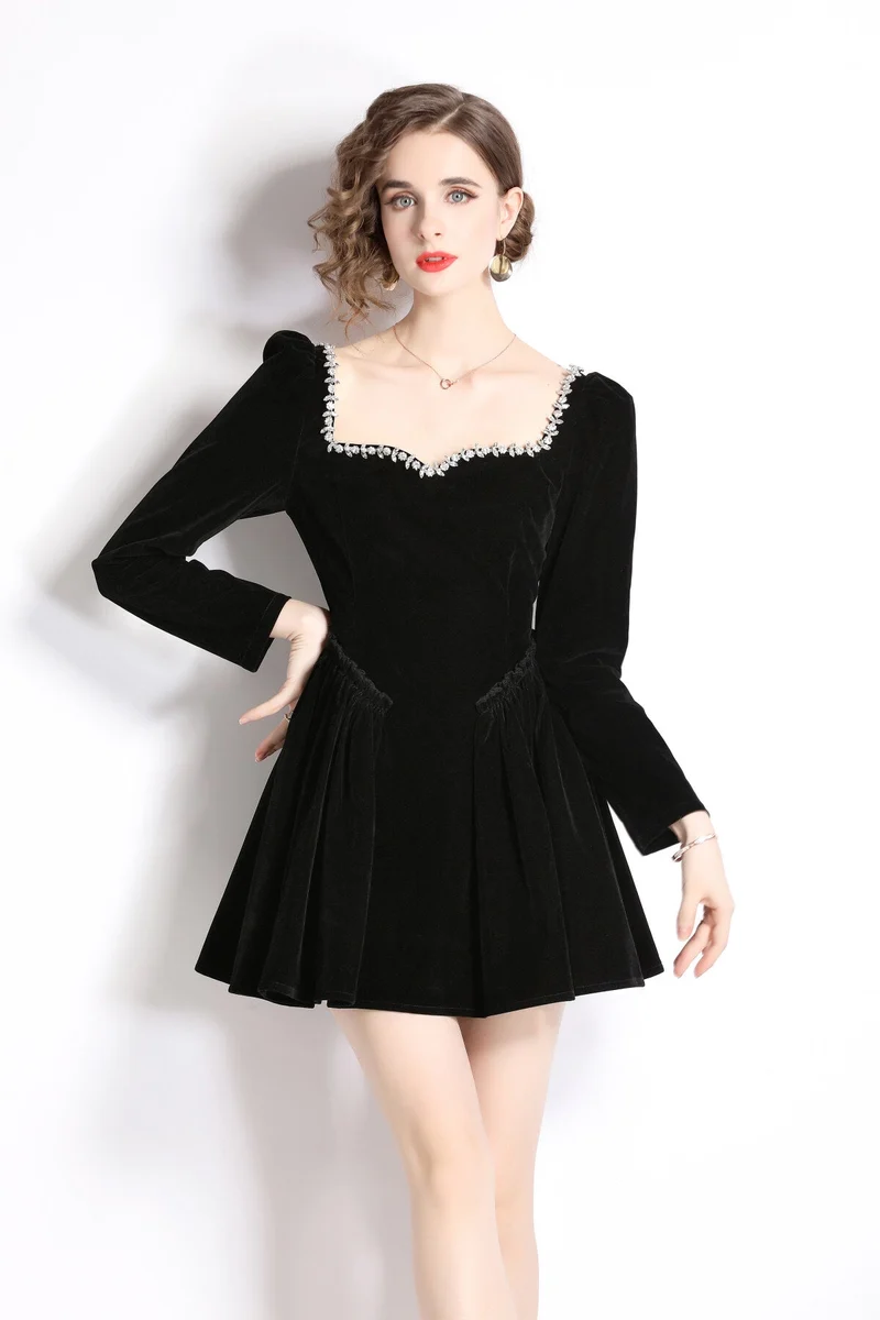 Square Neck Mid Waist Black Vintage Heavy Beaded Velvet Dress