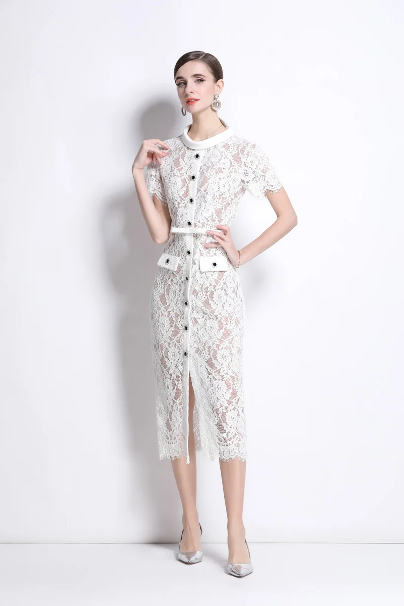 Blanca Slim Fit Round Neck Button Down Lace Dress