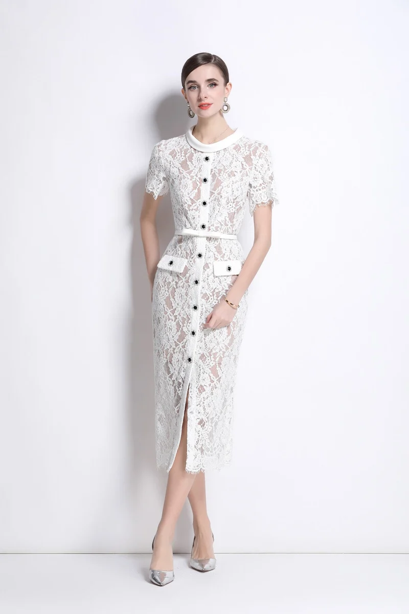 Blanca Slim Fit Round Neck Button Down Lace Dress