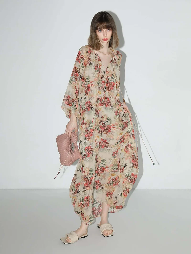 Autumn Floral Chiffon Maxi Dress