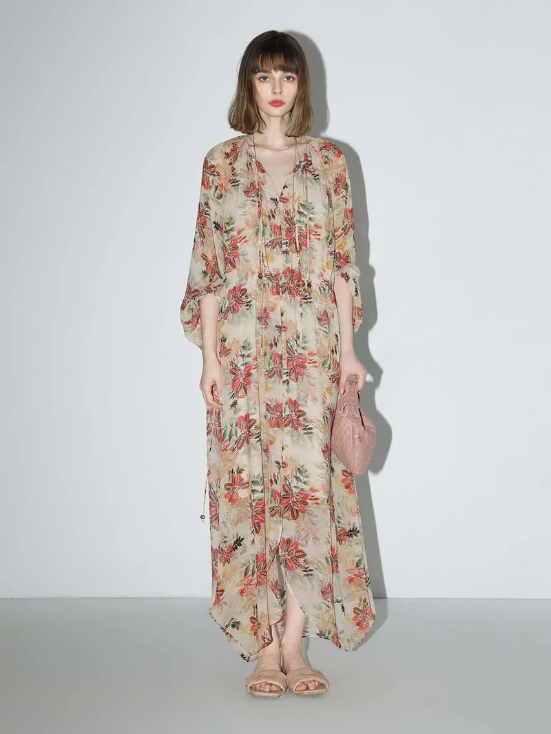 Autumn Floral Chiffon Maxi Dress