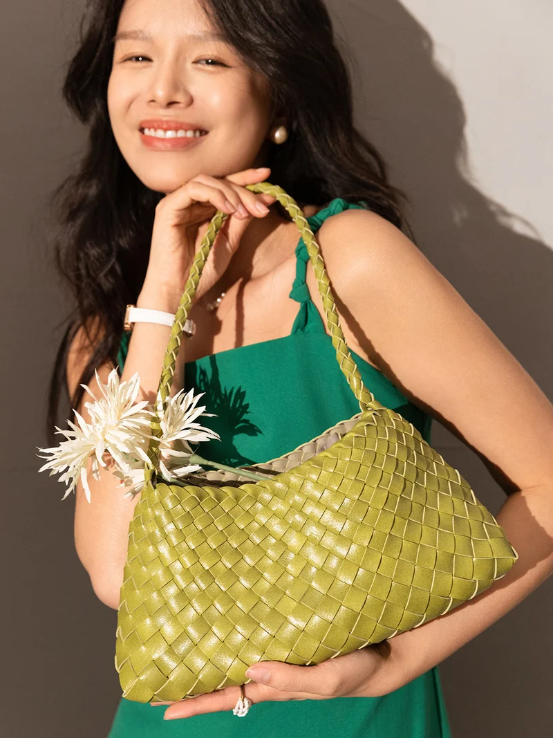 Mini Woven Trapezoid Drawstring Shoulder Bag