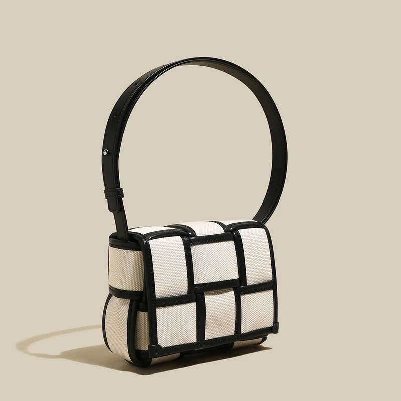 Woven Black and White Top Handle Bag
