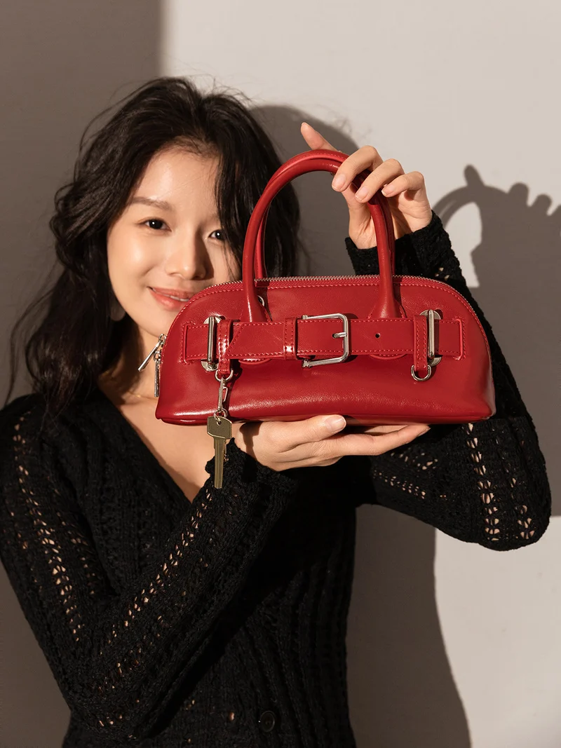 Baguette Belted Clasp Top Handle Bag