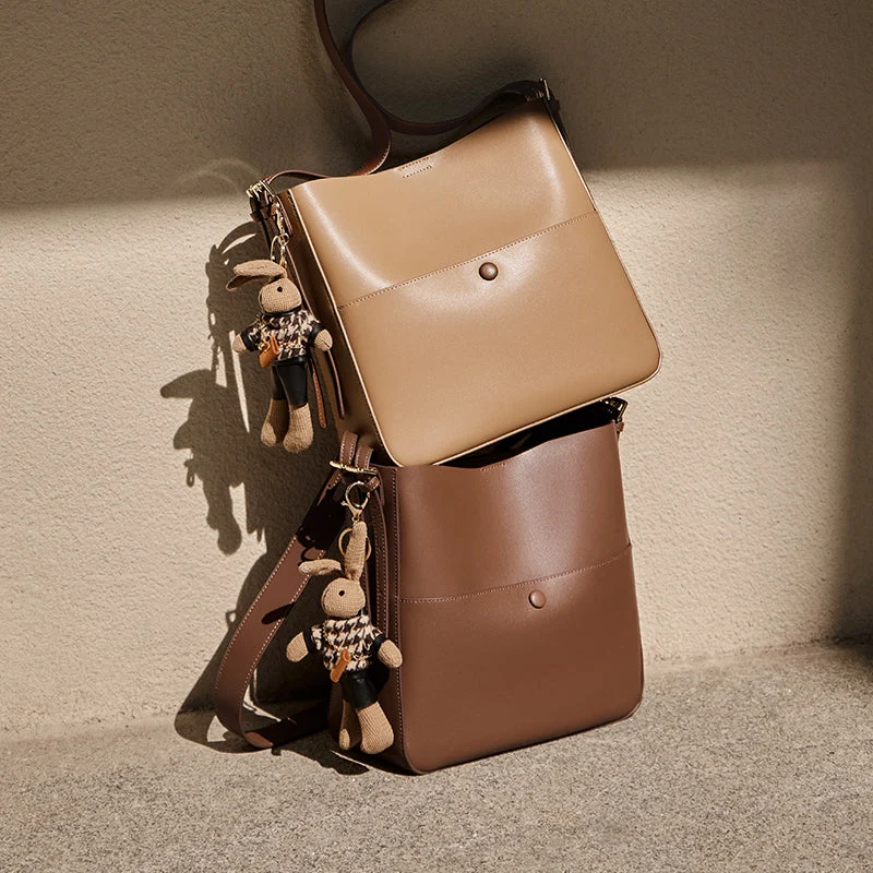 Rabbit Charm Cappuccino Crossbody Bucket Bag