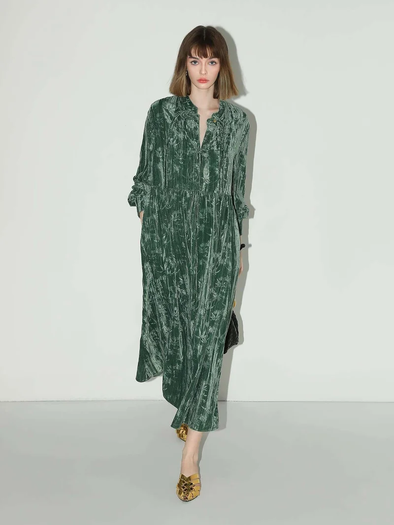 Green Bamboo Leaf and Knotted Button Dress