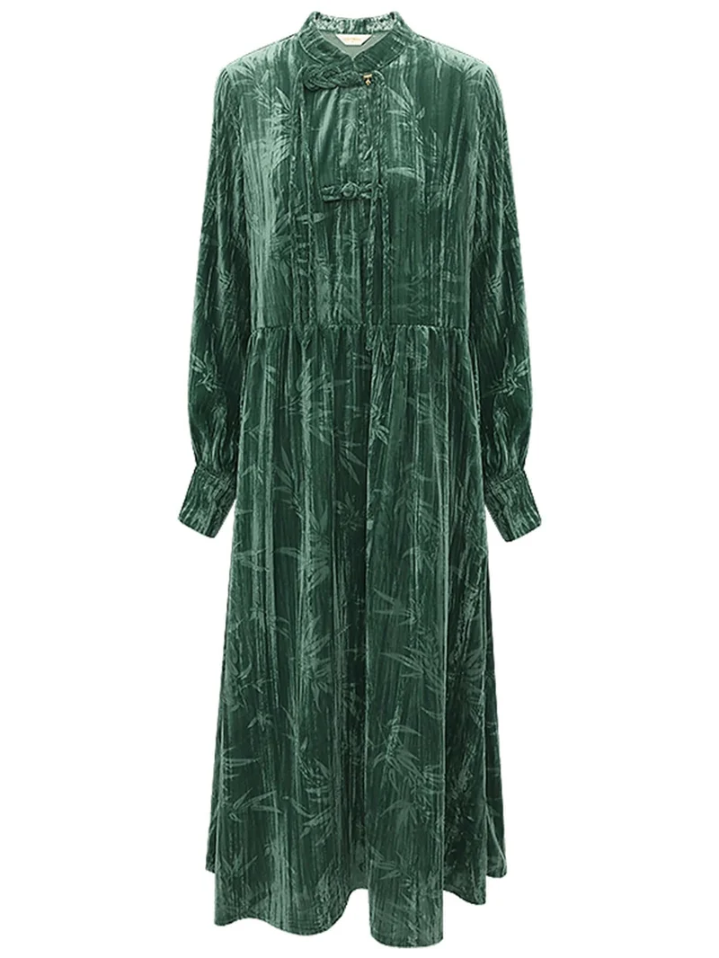 Green Bamboo Leaf and Knotted Button Dress