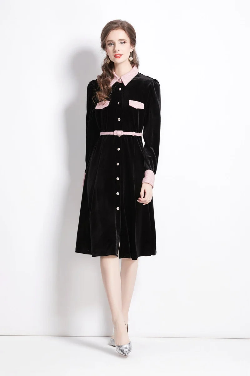 Velvet Slim Fit Black Polo Midi Dress