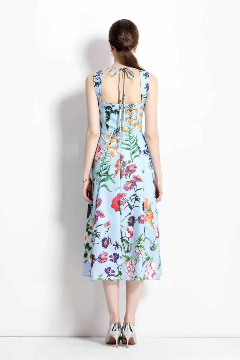 French Vintage Blue Floral High Waist Thick Strap Dress