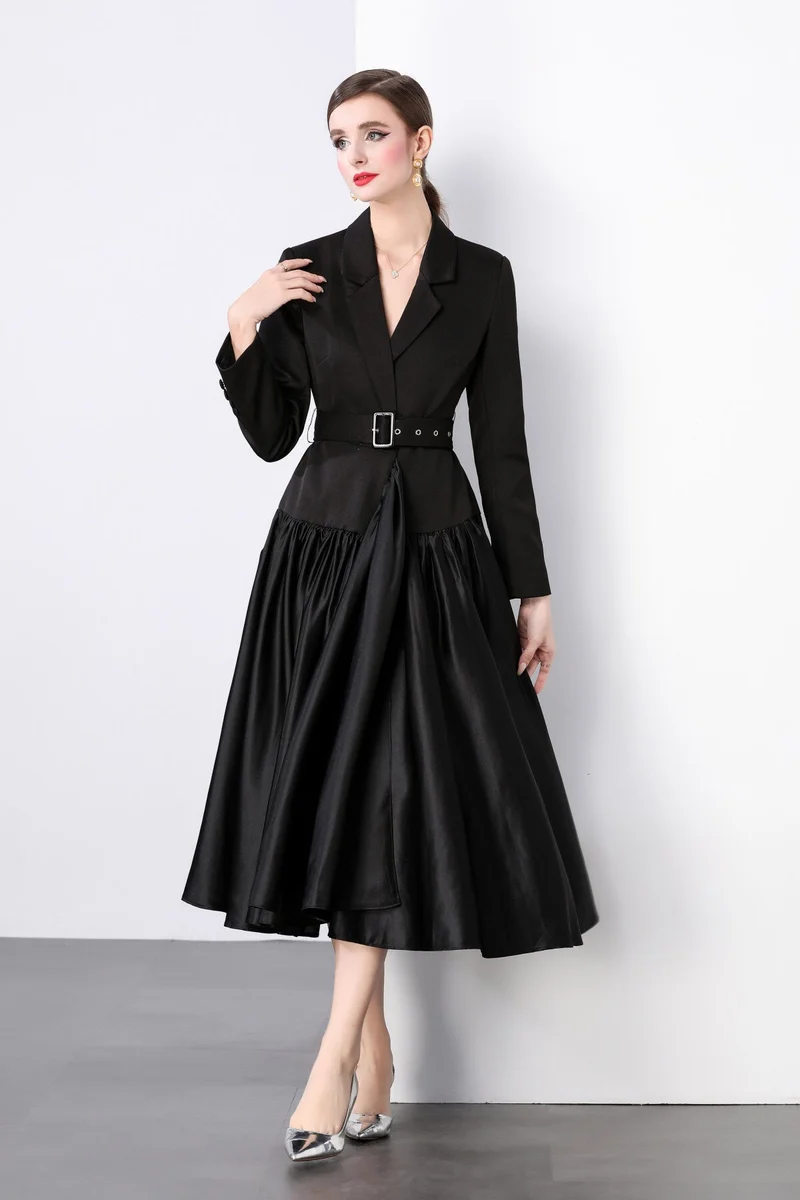 Black Belted Blazer Flared Midi Dress
