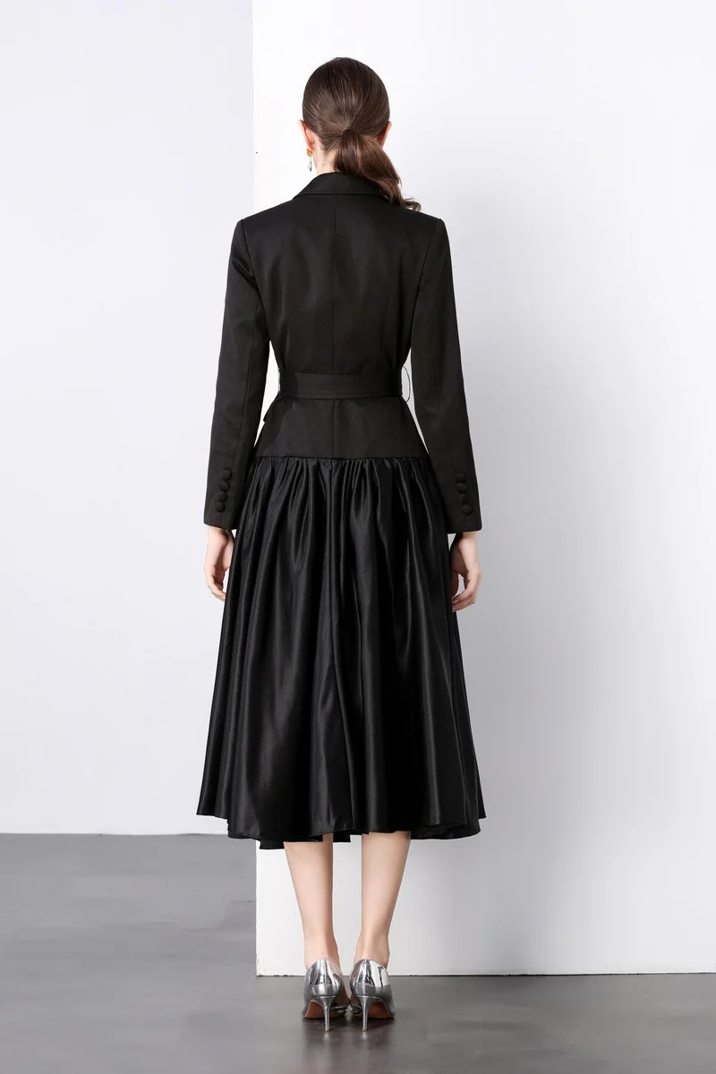 Black Belted Blazer Flared Midi Dress