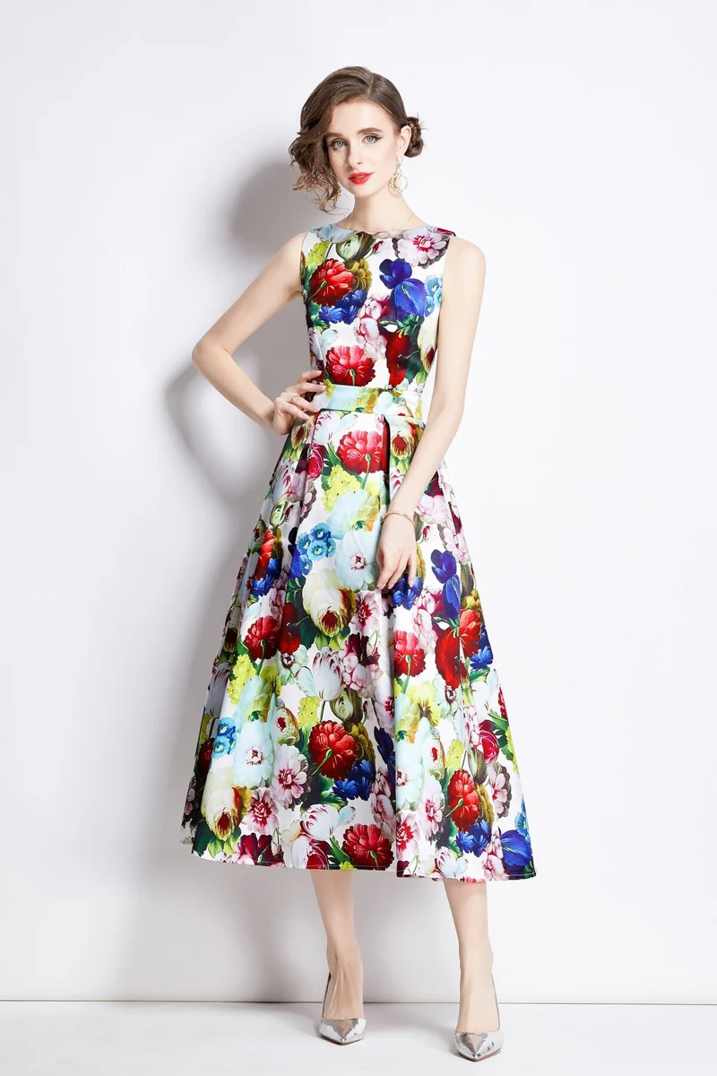 Sleeveless High Waisted Structured Cut A Line Dress