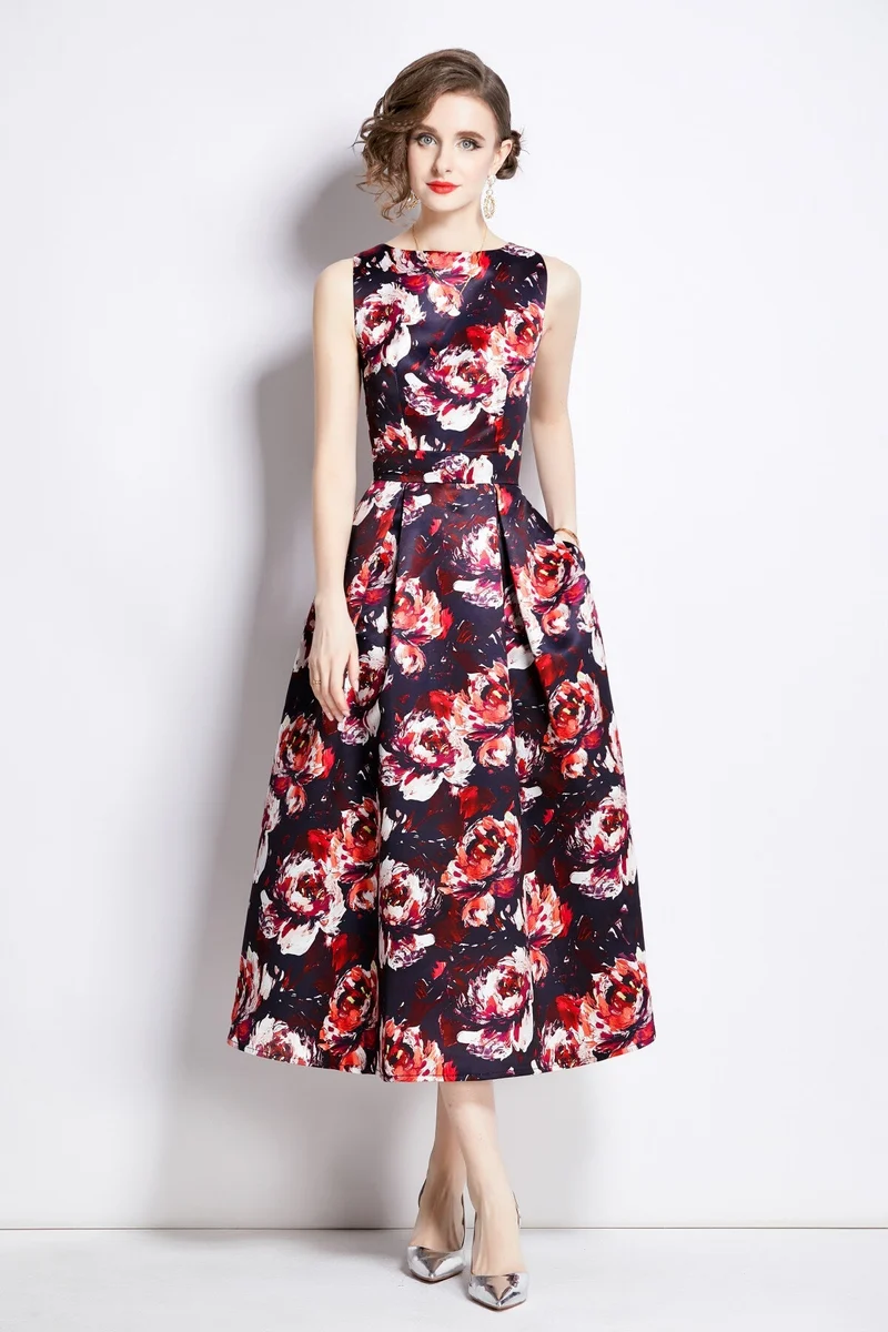 Sleeveless High Waisted Structured Cut A Line Dress