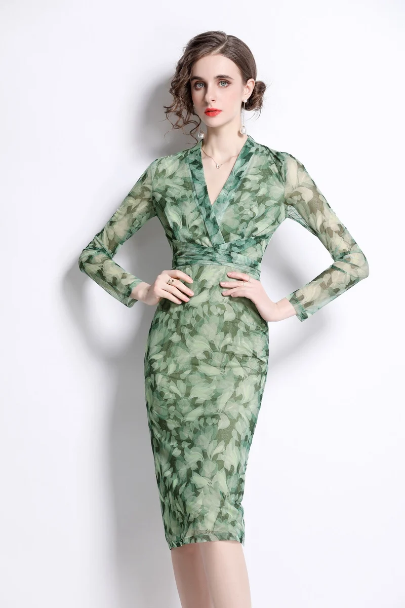 Form Fitting V Neck Mesh Floral Green Tea Dress