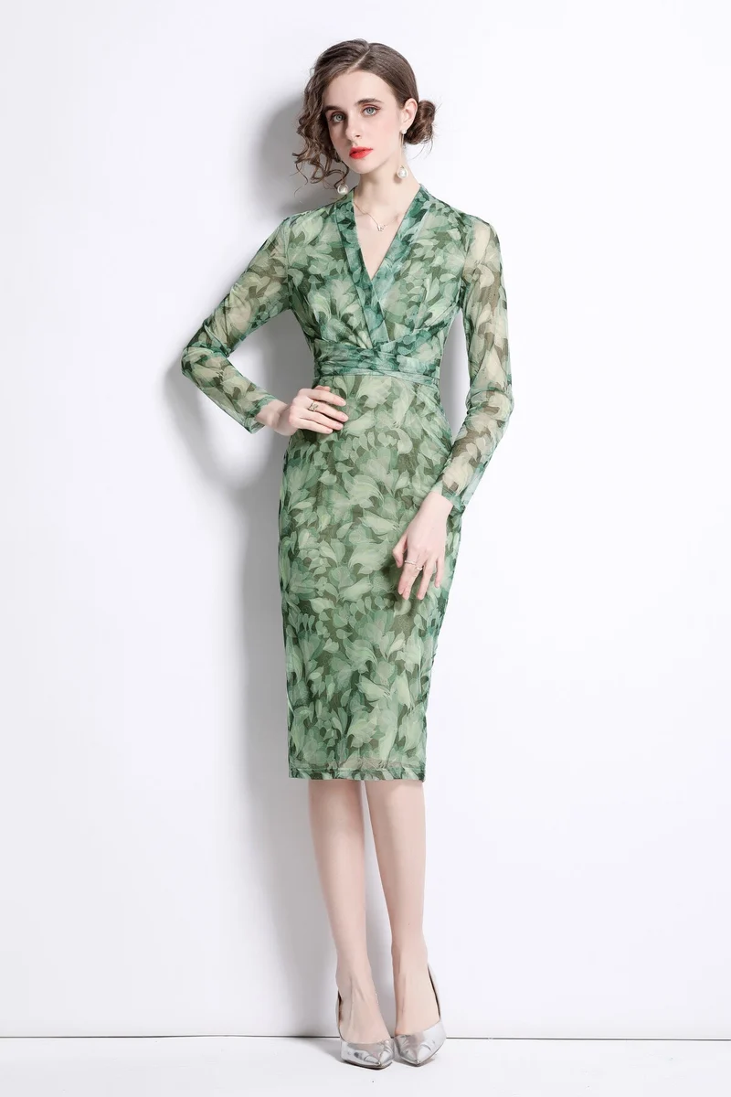 Form Fitting V Neck Mesh Floral Green Tea Dress
