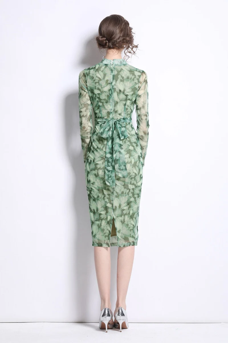 Form Fitting V Neck Mesh Floral Green Tea Dress