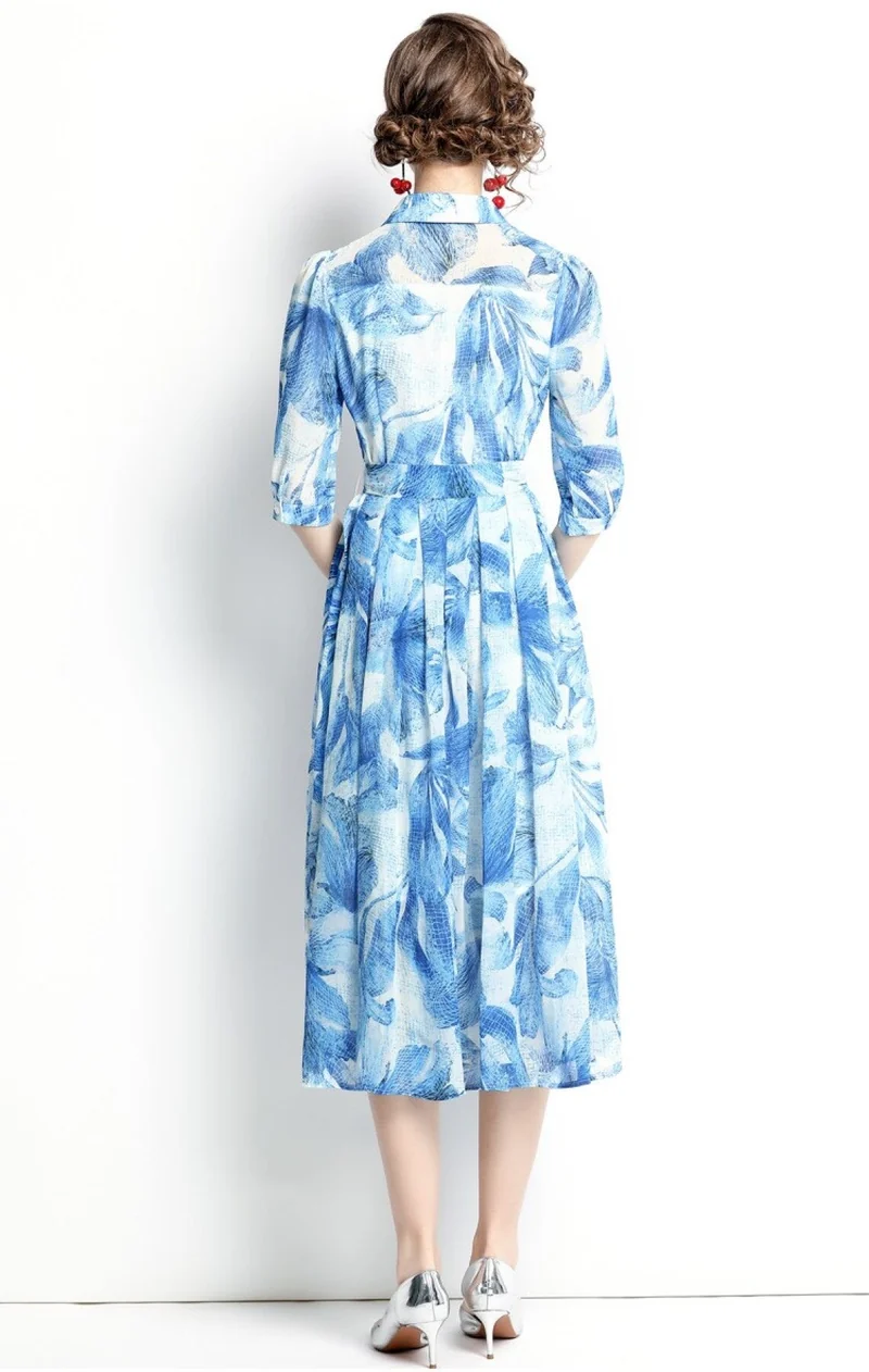 Spring Blue Floral Shirt Dress