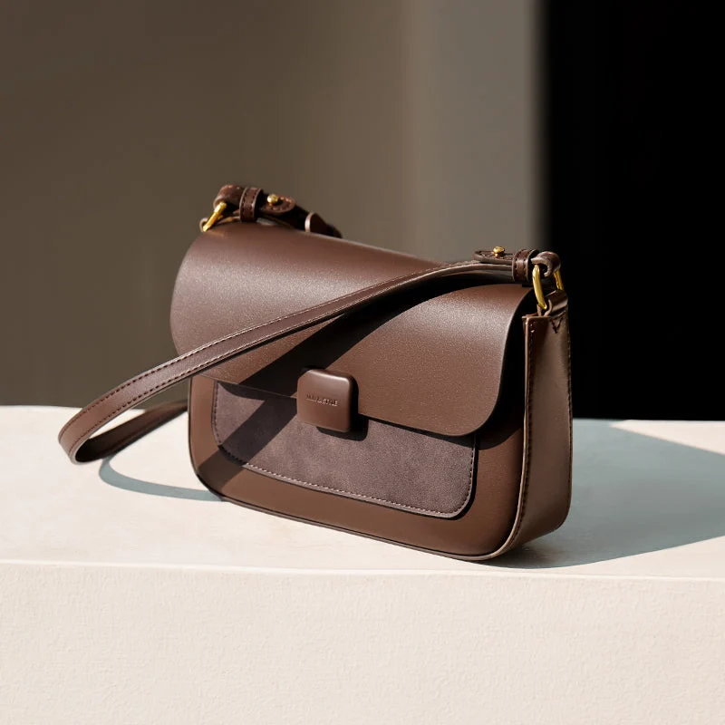 Compact Coffee Leather Box Shoulder Bag