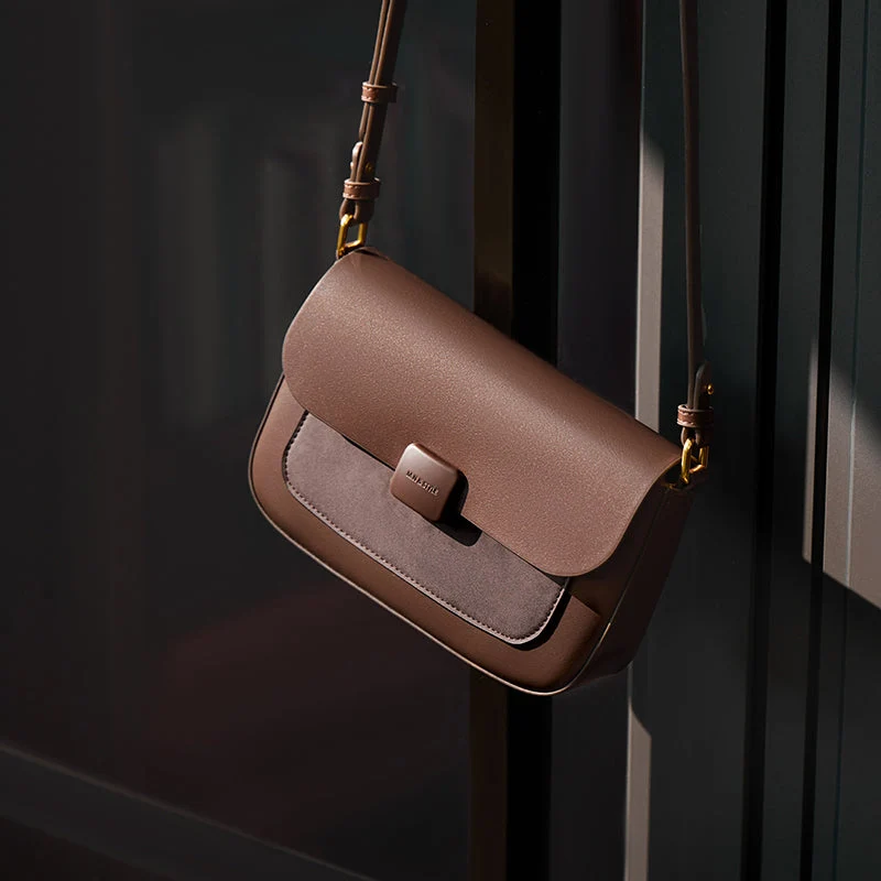 Compact Coffee Leather Box Shoulder Bag