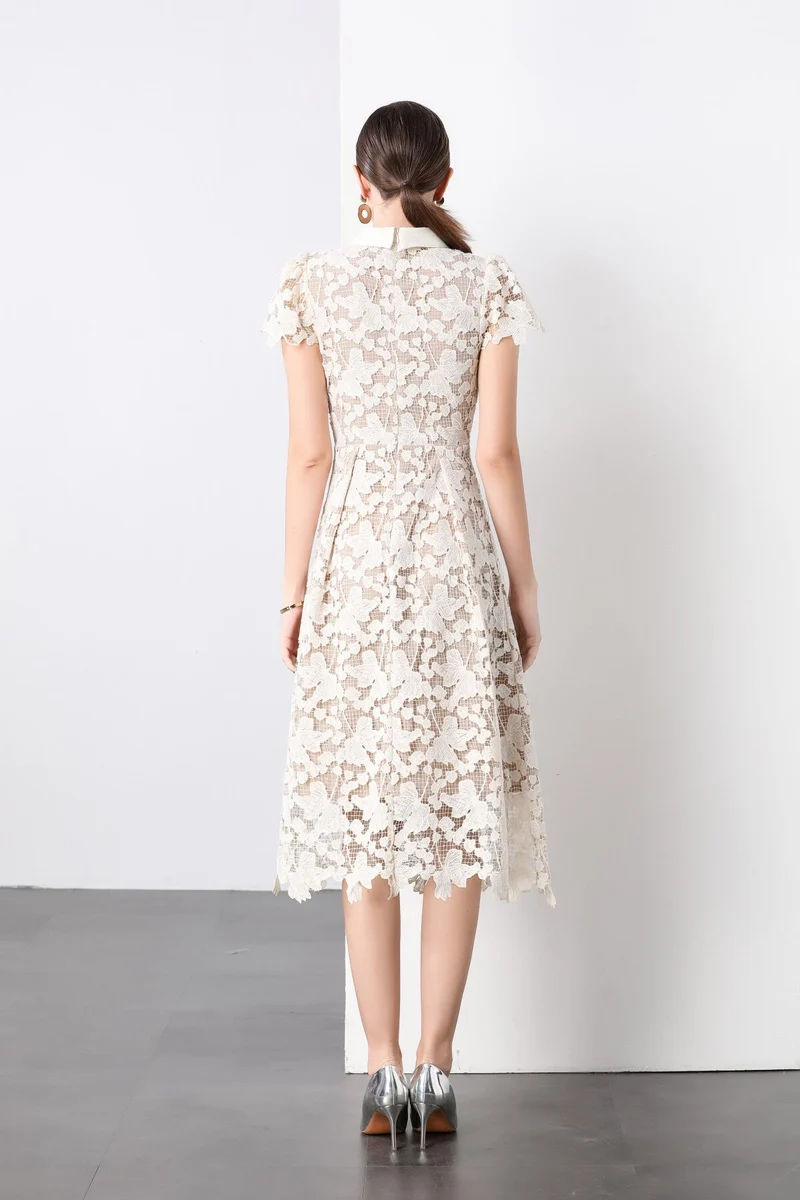 3D Floral Appliqué Bow Tie White Lace Midi Dress