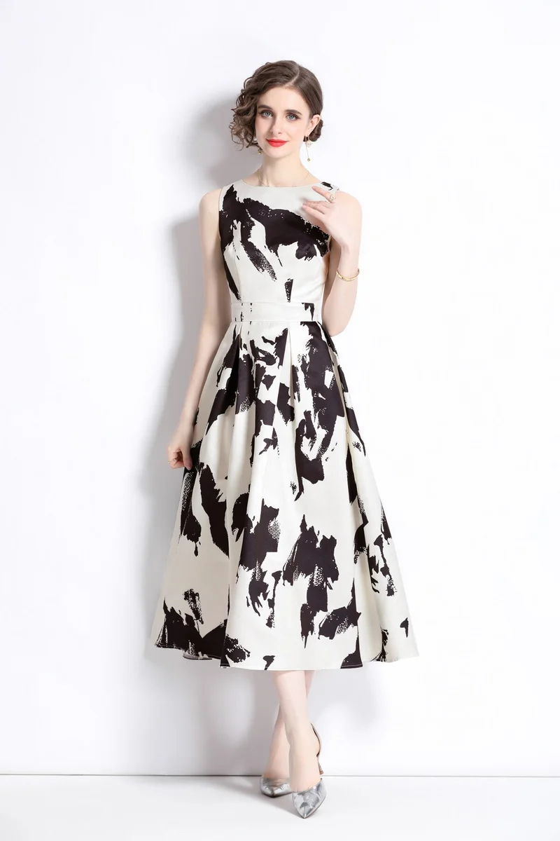 Vibrant Abstract Fitted Waist A Line Dress