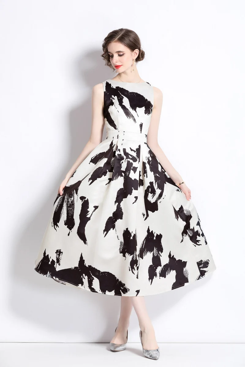 Vibrant Abstract Fitted Waist A Line Dress