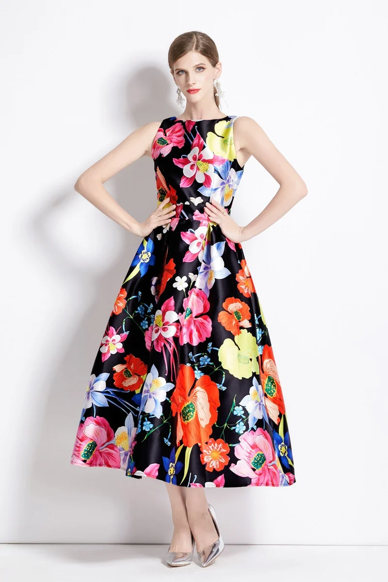 Vibrant Abstract Fitted Waist A Line Dress