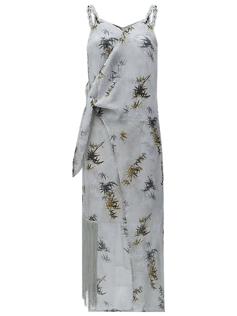 Grey Bamboo Foliage Asymmetrical Wrap Dress