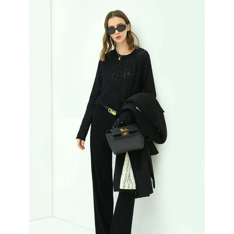3D Hollow-out Jacquard Black Knit Top